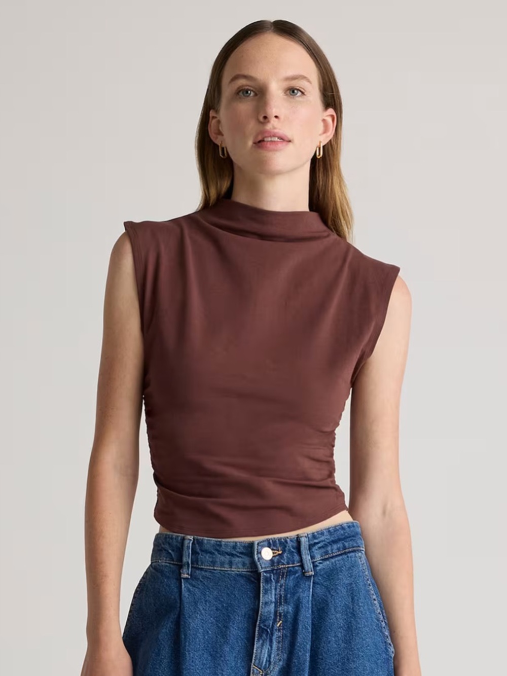 Quince Stretch Cotton Jersey Sleeveless Mock Neck Top
